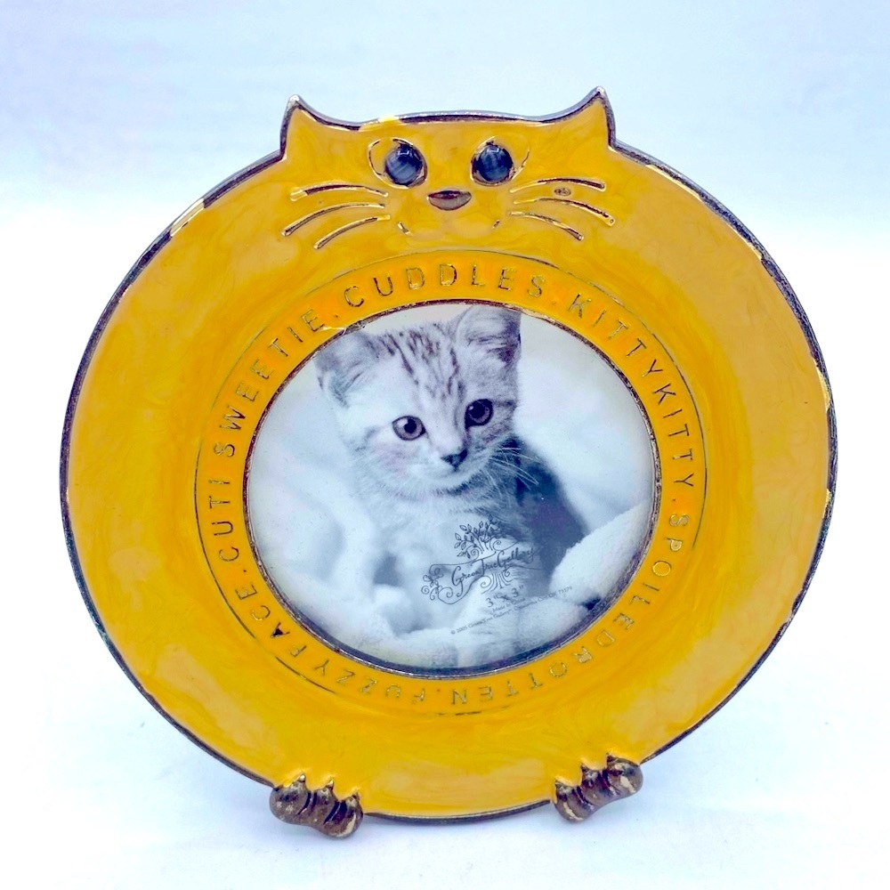 Yellow And Silver Cat-Themed Photo Frame 4 1/2” Outer And 2 1/4” Inner Diameter
